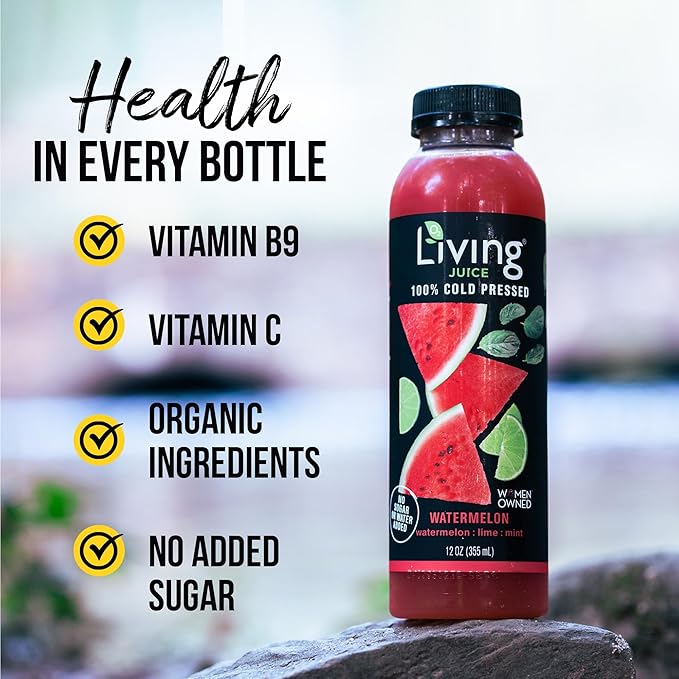 O2 Living Watermelon Cold-Pressed Juice Drink - 12oz 6 Pack - Organic No Added Sugars or Water Naturally Sweetened from Fruits Fresh Pressed Rich in Nutrients &amp Vitamins Refreshing and Non-G