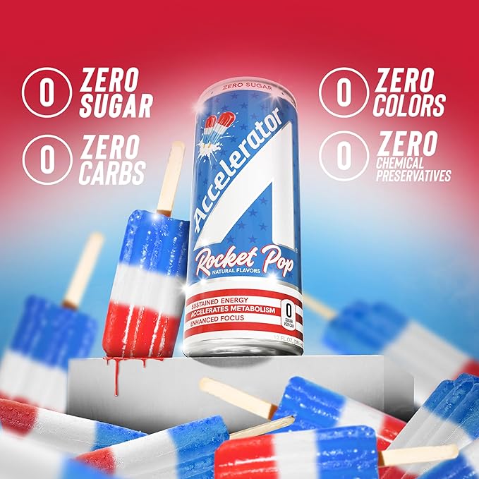Accelerator Energy DrinkRocket Pop 12oz canZero SugarSustained Energy from 100% Natural Caffeine (200mg from Green Coffee Bean &amp Green Tea extract)(Pack of 24)