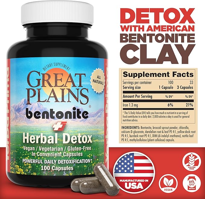 Yerba Prima Bentonite Clay Plus Herbal Detox 100 Veg Capsules - Food Grade Clay from The Great Plains USA - Colon &amp Liver Cleanse Supplement with Calcium Clay