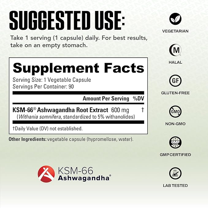 NutraBio Ashwagandha KSM-66 | Ashwaganda Herbal Supplement for Stress Mood &amp Performance | 600 MG of Clinically Studied KSM66 90 Capsules
