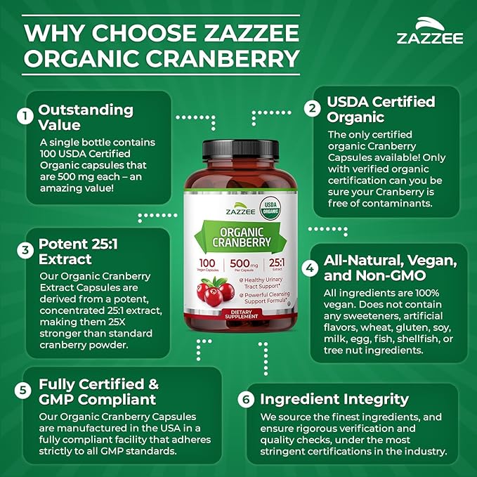 Zazzee USDA Organic Cranberry 25:1 Extract 500 mg per Capsule 100 Vegan Capsules 3+ Month Supply Certified Kosher Vaccinium Macrocarpon Urinary Tract &amp Bladder Support Non-GMO Made in the