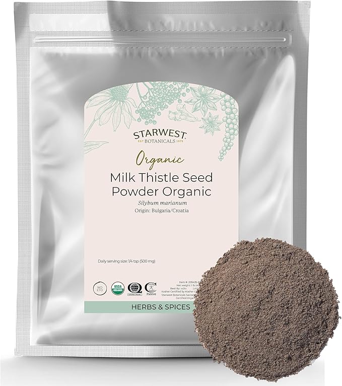 Starwest Botanicals Organic Milk Thistle Seed Powder - Ground Milk Thistle for Tea &amp Cooking Mix in Juice Add to Smoothies Oatmeal &amp Yogurt Certified Kosher Non-GMO - Bulk 1 lb Bag