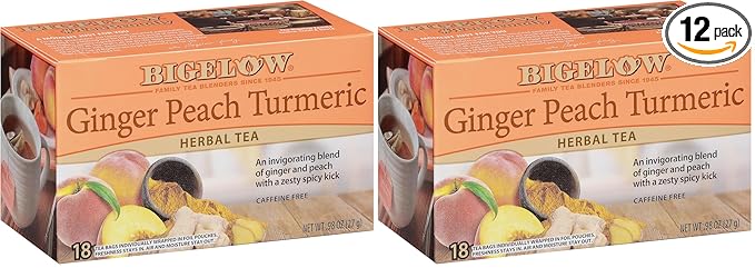Bigelow Ginger Peach Turmeric Herbal TeaCaffeine Free18 Count (Pack of 12)