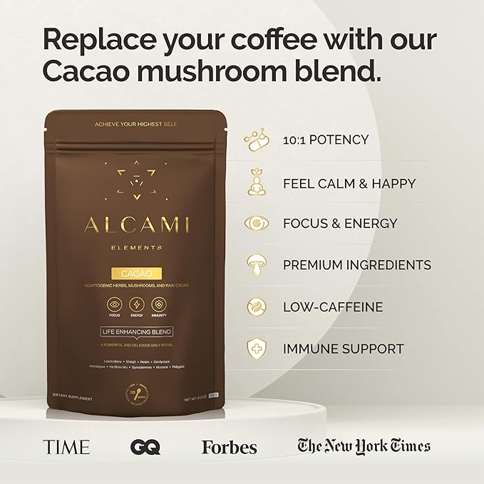 Cacao Mushroom Coffee Superfood Blend 10X Concentrated Extract with Lion's Mane Reishi &amp Cordyceps Energy &amp Focus Support 30 Servings Premium Supplement Powder