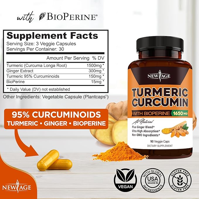 NEW AGE Turmeric Curcumin Capsules - Standardized Curcuminoids - Non-GMO Gluten Free 180 Count (Pack of 2)