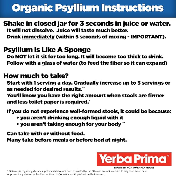 Yerba Prima Organic Psyllium Whole Husks 12 Ounce Fiber Supplement Non GMO Certified Organic