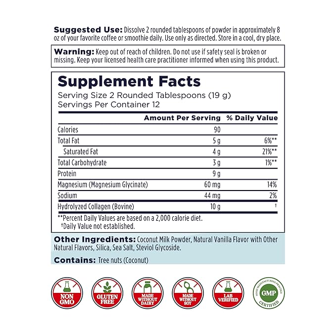 KAL Collagen Creamer Vanilla Flavor Keto Coffee Creamer with Coconut Milk Powder Hydrolyzed Collagen Powder Magnesium Glycinate Non Dairy Creamer 60-Day Guarantee 12 Servings 8 oz