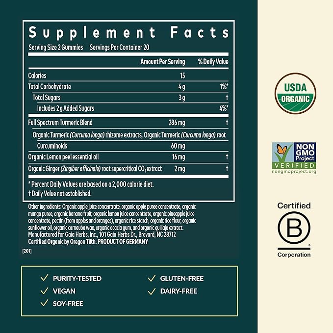 Gaia Herbs Turmeric Supreme Adult Daily Gummies-Daily Swelling Support for Healthy Active Life-USDA Certified Organic Blend of Turmeric and Supportive Herbs-40 Gummies(20-Day Supply) (Pack of 2)