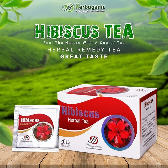 HERBOGANIC Hibiscus Herbal Tea - Digestion and Immune Support | Refreshing and Delicious Blend | Natural Ingredients | 60 Tea Bags