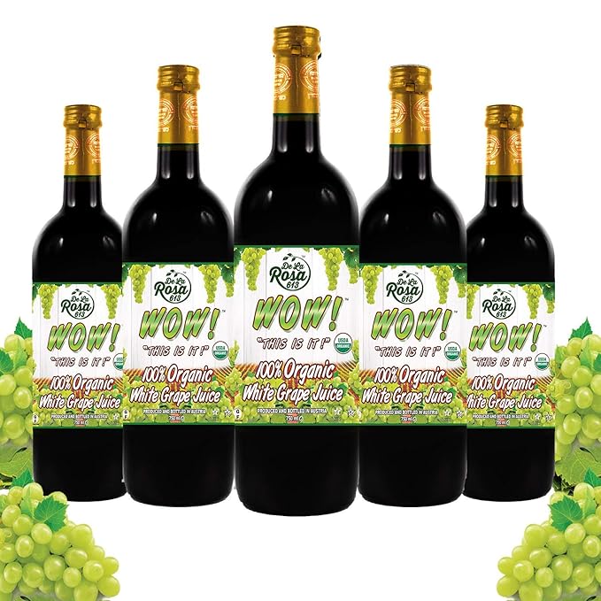 De La Rosa Organic White Grape Juice Kosher Non-GMO &amp Gluten Free No Preservatives or Sulfites Vegan White Grape Juice 25.4 Oz Glass Bottle (Pack of 6)