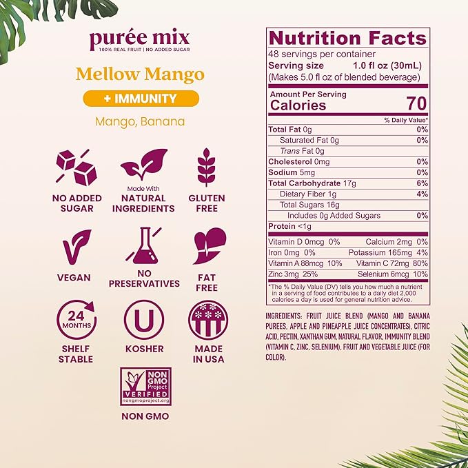 Smartfruit Mellow Mango + Immunity – 100% Real Fruit Purée with Mango Banana Apple &amp Pineapple – Great for Smoothies Juice Yogurt Cocktails Teas – High in Vitamin C Selenium &amp Zinc – 48