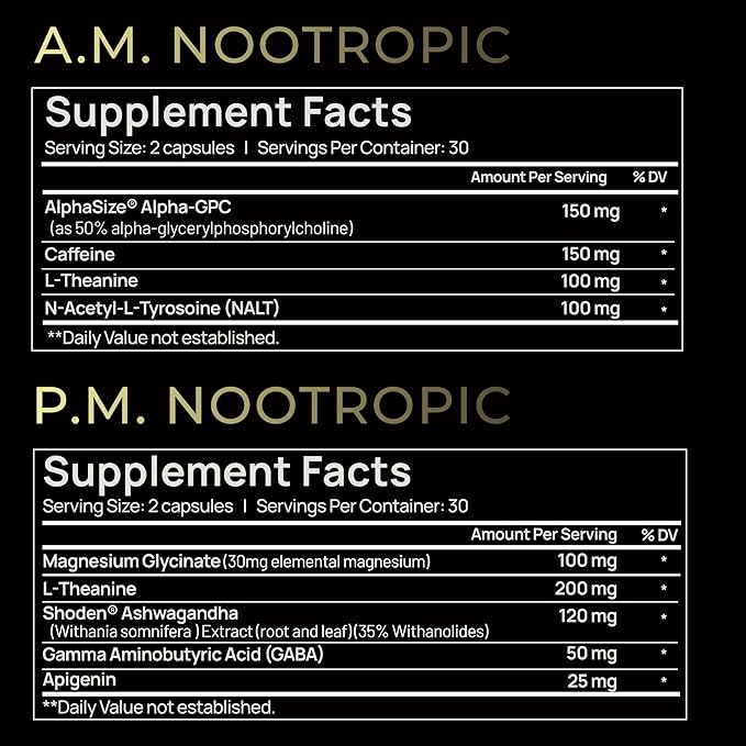 AMPM Nootropic Total Focus + Calm 9X Strength w. Caffeine L-Theanine Alpha GPC L-Tyrosine Ashwagandha - X-Release Energy Pills Nootropics Brain Support Supplements for Memory and Focus Supplement