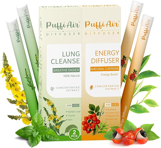 Herbal Diffuser Duo Lung Cleanse and Energy Diffuser Pens with Extract of Mullein and Natural Caffeine 100% Natural Swap Home &amp Work Duo 4 Sticks 600 Uses Each