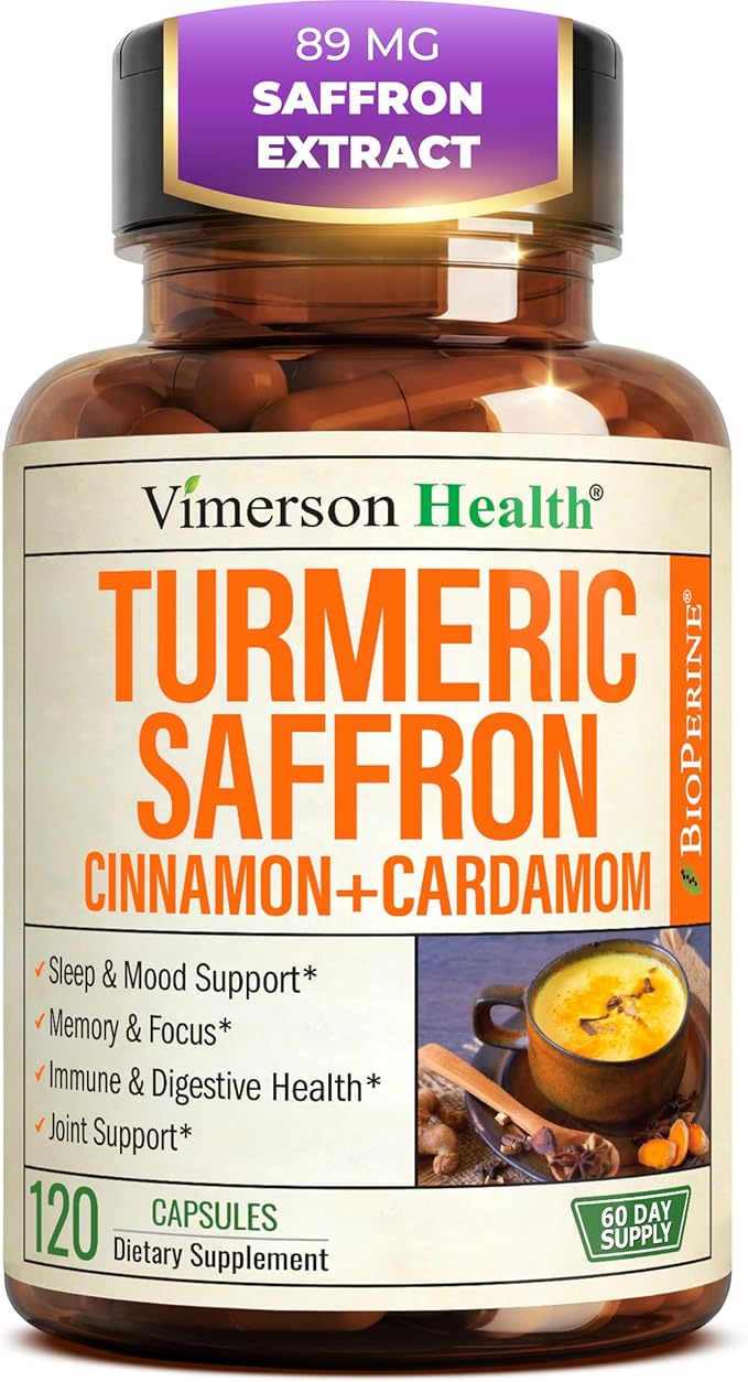 Saffron Supplements – 89mg Saffron Extract 1000mg Turmeric Curcumin Ceylon Cinnamon &amp Cardamom – Daily Mood Joint &amp Metabolic Support – Joint Supplements for Women &amp Men – 120 Capsules