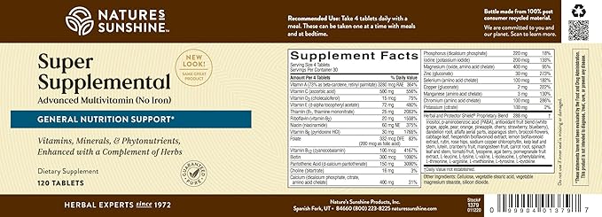 Nature's Sunshine Super Supplemental w/o Iron: Complete Multivitamin with Minerals Antioxidants &amp More for Overall Health Immune &amp Energy Support. 120 Tabs
