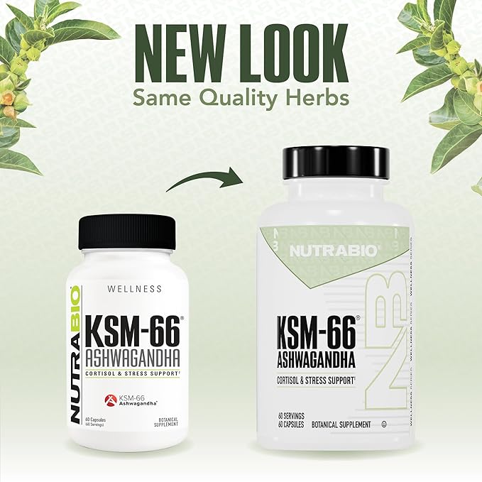 NutraBio Ashwagandha KSM-66 | Ashwagandha Herbal Supplement for Stress Mood &amp Performance | 600 MG of Clinically Studied KSM66 60 Capsules