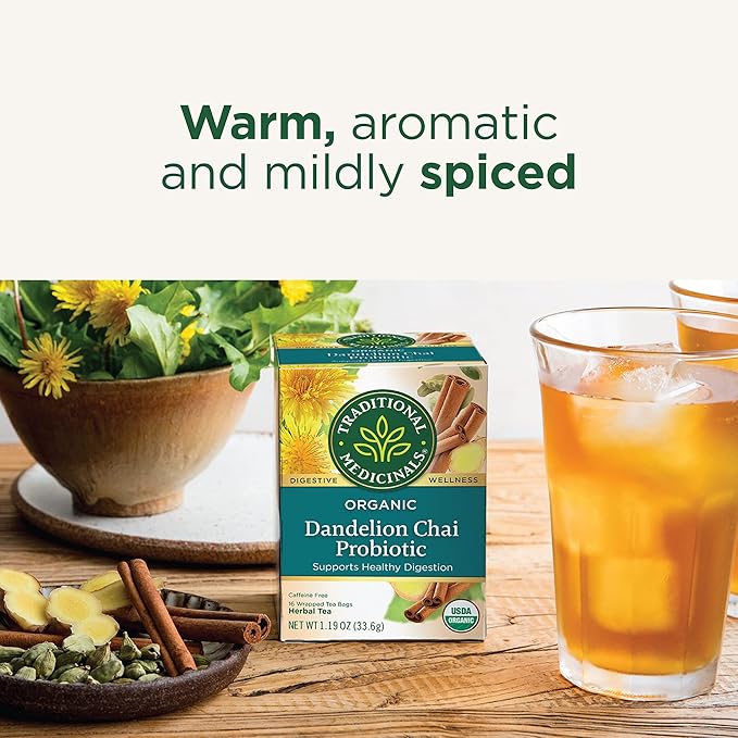 Traditional Medicinals Tea Organic Dandelion Chai Probiotic Supports Healthy Digestion 96 Tea Bags (6 Pack)