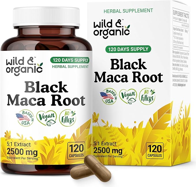 Wild &amp Organic Black Maca Root Capsules for Women &amp Men 500 mg - Overall Support - 120 Vegan Capsules with Maca Powder - Men &amp Women Supplement - 120 Days Supply Non-GMO No Fillers Glut