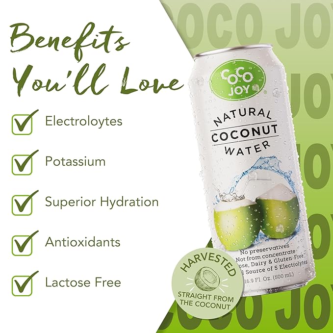 CoCo Joy Natural Coconut Water Low-Calorie High-Calcium Nutrient-Rich Drink 12 pack