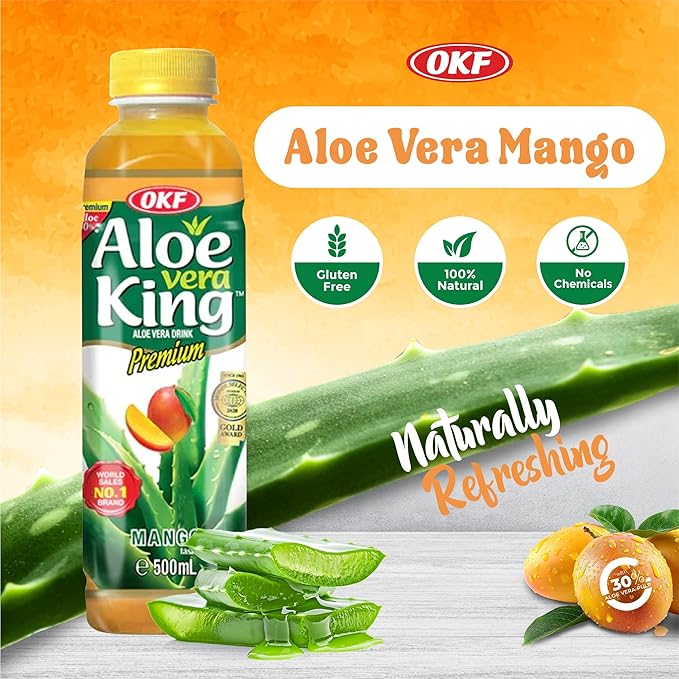 OKF Aloe Vera King Drink with Pure Aloe Pulp Variety Flavors 16.9 oz. (Mango Pack of 20) Korean Premium Health Beverage