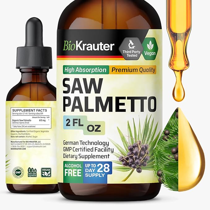 BIO KRAUTER® Saw Palmetto for Men &amp Women - Pure Vegan Liquid Drops Saw Palmetto 670 mg per Serving 2 Fl.Oz 28-Day Supply - Prostate Health Supplements for Men &amp DHT Blocker* - Alcohol &amp S