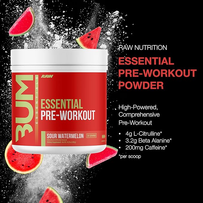 RAW Essential Pre-Workout Powder (Sour Watermelon) - Chris Bumstead Sports Nutrition Supplement for Men &amp Women - Preworkout Energy Powder with Caffeine L-Citrulline L-Tyrosine &amp Beta Alani