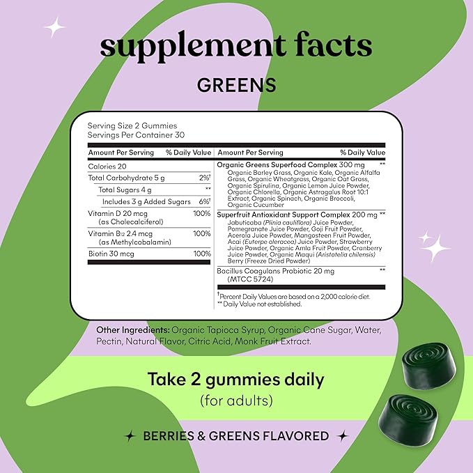 Lemme Greens Superfood Gummies w/Multi - Support Gut Health &amp Reduce Bloating 20+ Organic Greens and Superfruits Clinically Studied Probiotics D3 B12 - Berries &amp Greens Flavored (60 Count)