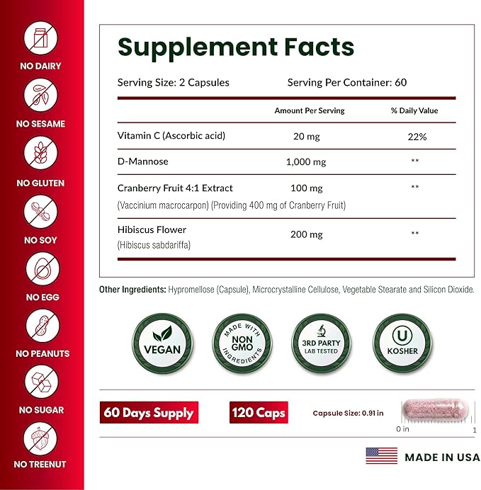 ForestLeaf D Mannose Supplements for Women &amp Men - D-Mannose 1000mg Capsules with Cranberry Hibiscus &amp VIT C - DMannose Pills for UTI Urinary Tract &amp Bladder Support - 120 Caps