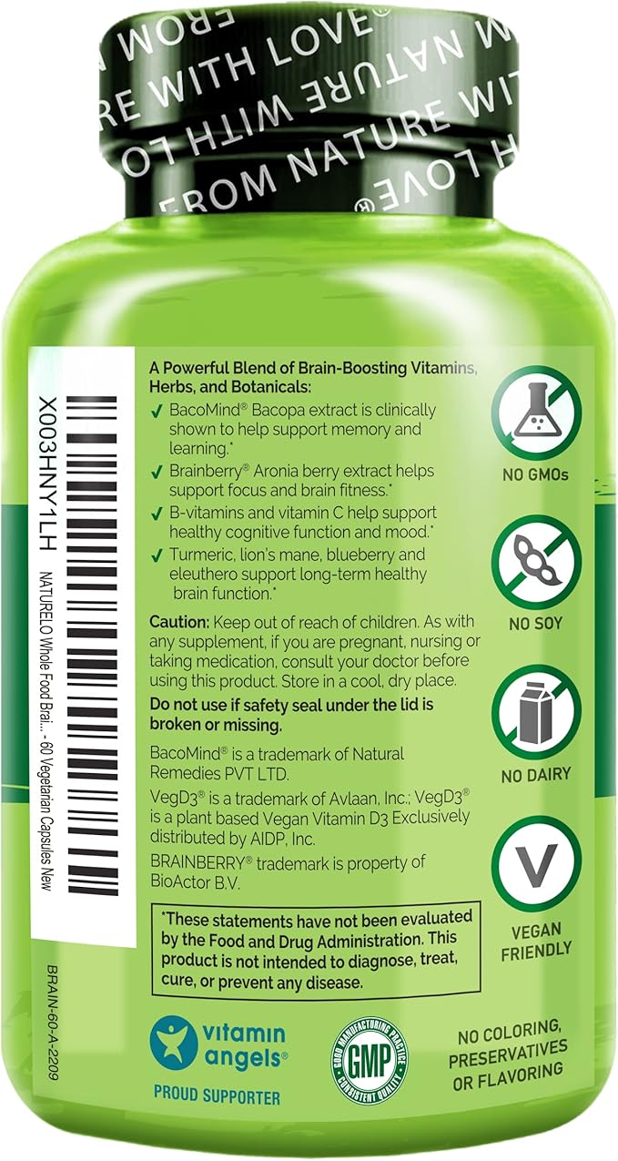 NATURELO Whole Food Brain Supplement - Brain Health Supplements for Memory &amp Focus Support - Enhance Brain Health Blend Supplement for Adults - 60 Vegetarian Capsules