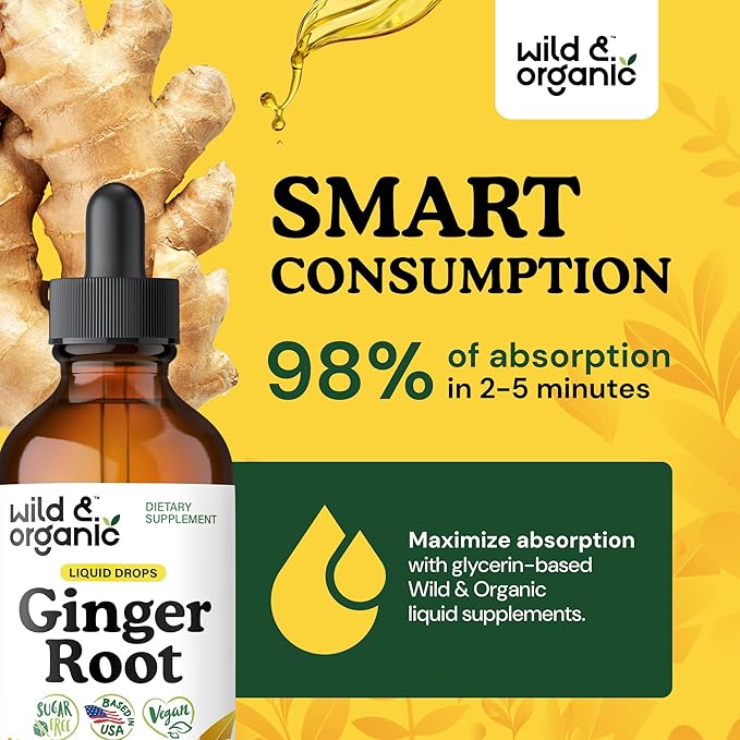Wild &amp Organic Ginger Root Extract Drops - Immune &amp Digestive Support - Liquid Ginger Supplements - Vegan Sugar &amp Alcohol-Free Tincture - 4 fl oz