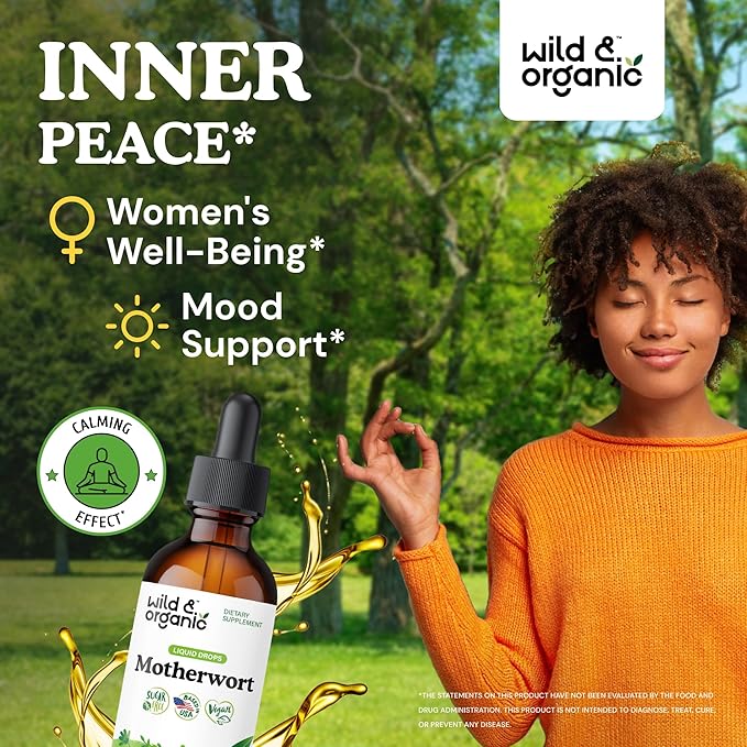 Wild &amp Organic Motherwort Tincture - Good Mood Calmness Women's Support - Motherwort Herb Extract Drops - Vegan Sugar &amp Alcohol-Free Supplement - 2 fl oz