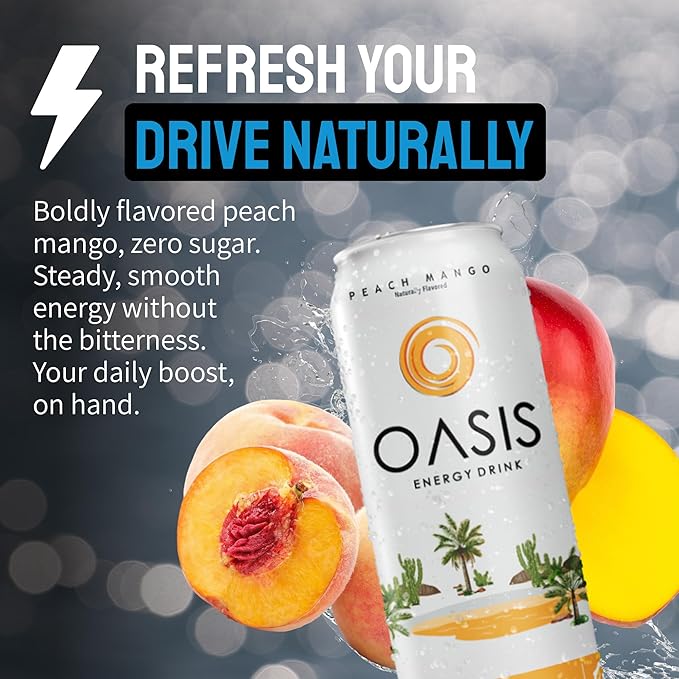 Oasis Energy Drink - Peach Mango (12-Pack) Smooth Clean Energy with Focus-Boosting Nootropics Zero Sugar Low-Calorie Vegan Gluten-Free Juicy Fruity Flavor Perfect for Work &amp Daily Workouts (