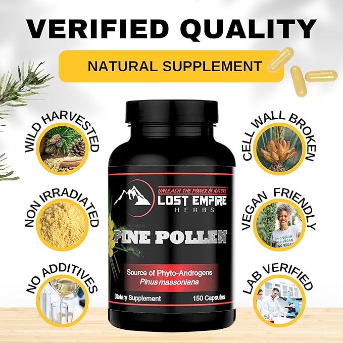 Pine Pollen Capsules - Non-Irradiated Wild Harvested Cell Wall Cracked Powder - Supplement Great for Men and Women for Energy Vitality and Immunity (150 Capsules)