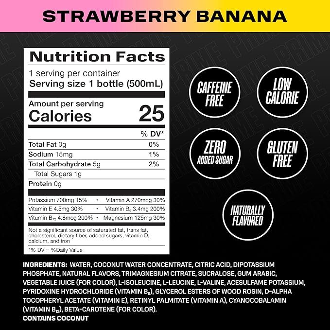 PRIME Hydration STRAWBERRY BANANA Sports Drinks Electrolyte Enhanced for Replenishing Fluids 250mg BCAAs B Vitamins Antioxidants Low Sugar 16.9 Fl Oz 12 Pack