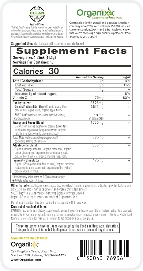 Organixx Clean Sourced Yerba Complex Yerba Mate Superblend Powder Drink Mix With Ashwagandha Natural Caffeine Pre &amp Probiotics &amp Fiber Dairy and Gluten Free Lemon Ginger 15 Travel Packe