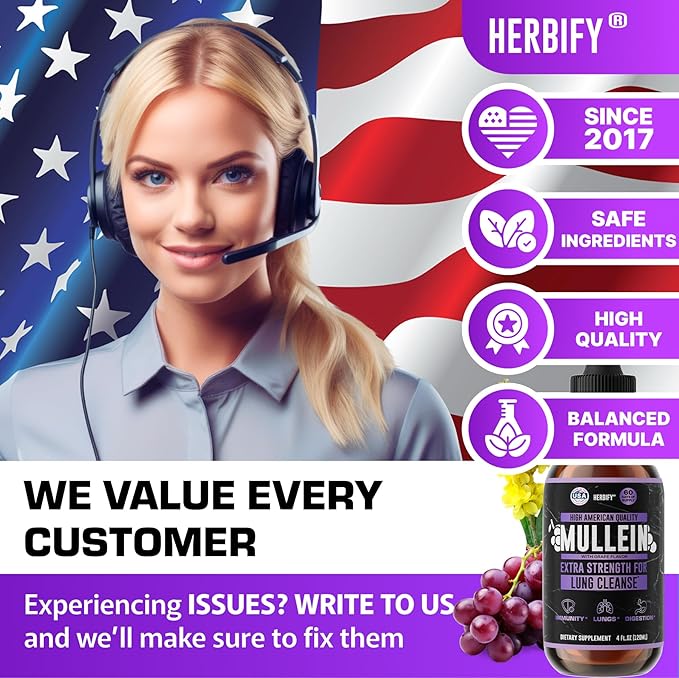 HERBIFY Mullein Drops - Lung Cleanse - Leaf Extract - Powerful Mullein for Immune Support Detox &amp Respiratory Support - Made in USA - Herbal Supplements - 4 Oz Grape Flavor