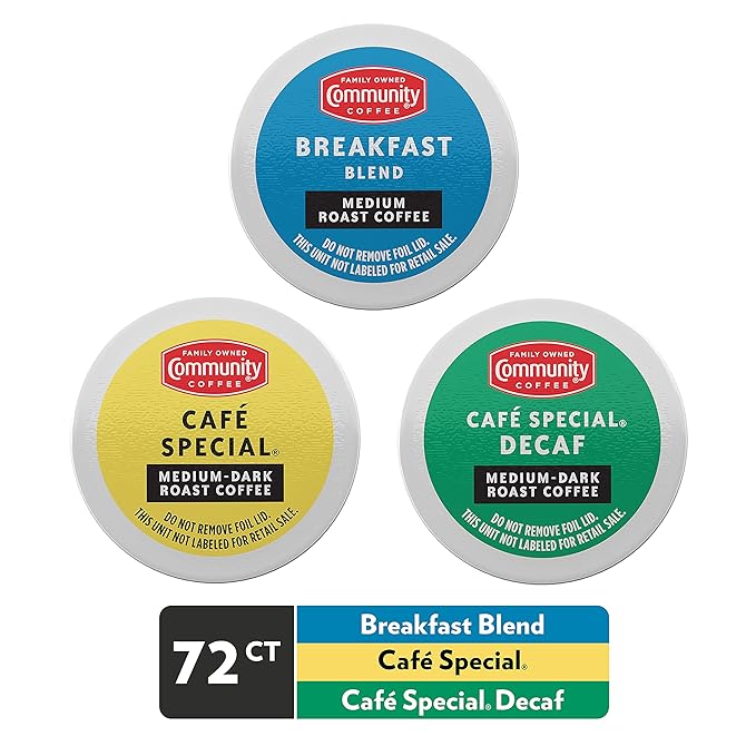 Community Coffee All Day Variety Pack with Decaf 72 Count Coffee Pods Medium Dark Roast Compatible with Keurig 2.0 K-Cup Brewers