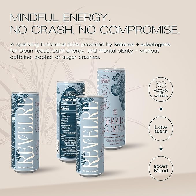 Revelre Functional Social Tonic with Ketones and Adaptogens - Mindful Blend for Focus and Calm - Ketones Magnesium B12 Reishi &amp Cordyceps Mushrooms - Non Alcoholic - Berries &amp Cream12 oz (