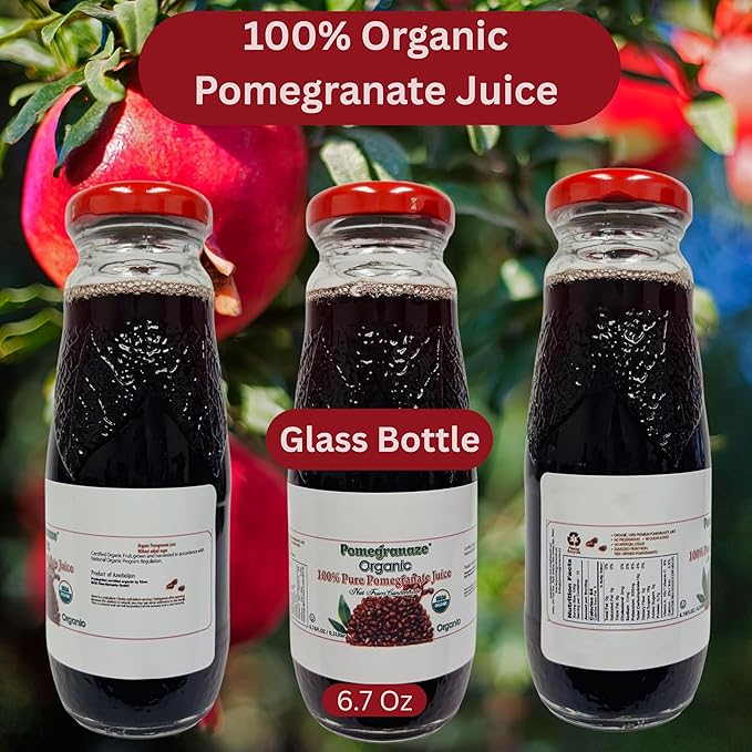 100% Organic Pomegranate Juice 6.7 Oz Glass Bottle (12 Pack) No Sugar No Artificial Colors No Preservatives No Flavors Added Gluten Free and Kosher