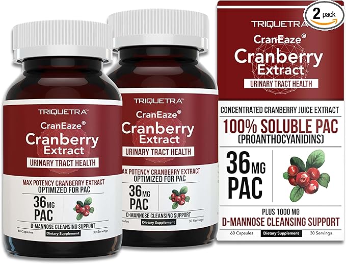 CranEaze®: Cranberry Juice Extract Plus D-Mannose – 36 mg PAC 100% Soluble PAC - Supports Urinary Tract Health – Most Effective Cranberry Pills for Women UTI Cranberry Supplement - 2-Pack