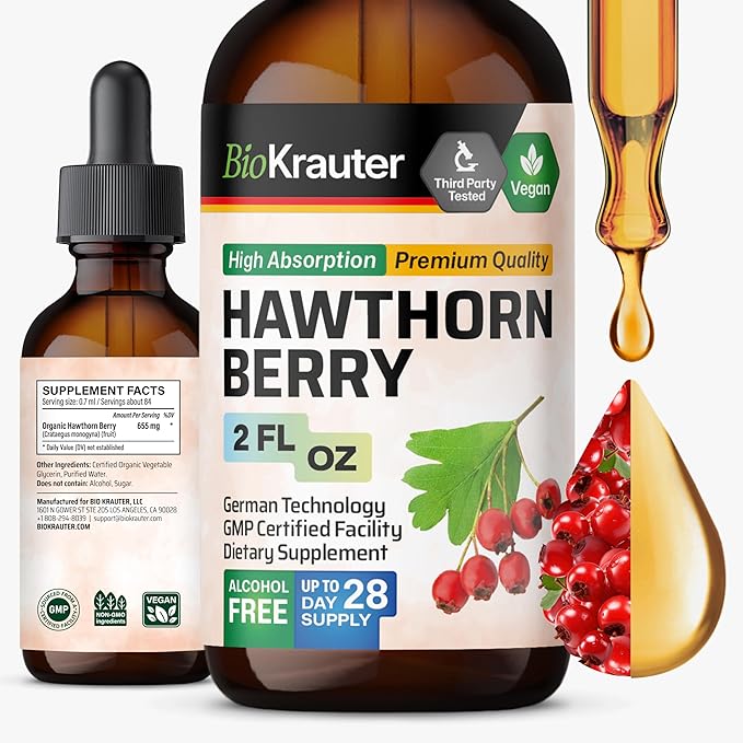 BIO KRAUTER® Hawthorn Berry - Pure Vegan Hawthorne Berry Supplement - Used for Overall Support &amp Daily Wellness - Liquid Drops 655 mg per Serving - Alcohol &amp Sugar Free 2 Fl. Oz 28 Days of Su