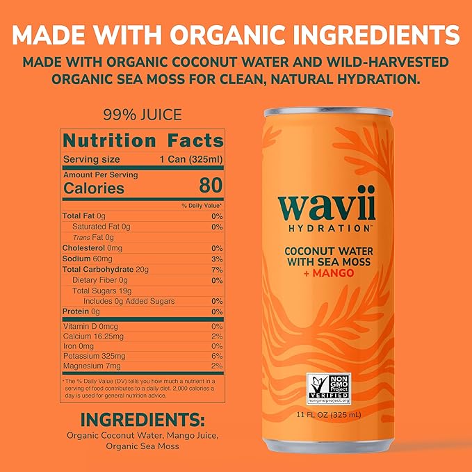 Wavii Hydration Organic Coconut Water with Organic Sea Moss plus Mango 11 fl oz Cans Pack of 12 – Clean Refreshing Hydration with Naturally Occurring Electrolytes No Added Sugar Non-GMO