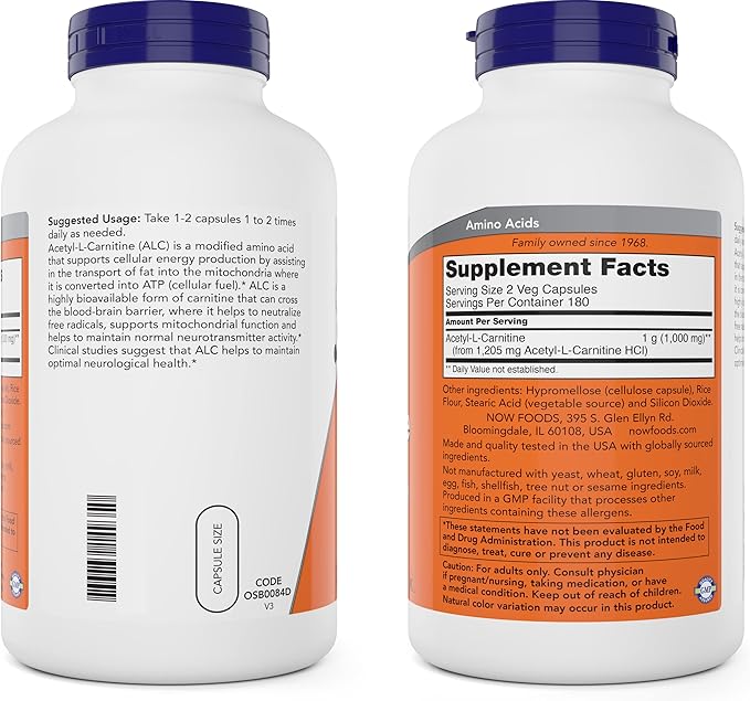 NOW Foods Now Acetyl L Carnitine 500mg 360 Veg Caps (Pack of 2) - Non-GMO ACL 500 mg Capsules Supplement for Men and Women