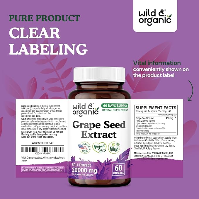 Wild &amp Organic Grape Seed Extract Capsules - 20000 mg Strength Grapeseed Extract Equivalent - 95% Polyphenols - 400 mg per Serving - 2 Month Supply - 60 Vegan Capsules - Non-GMO