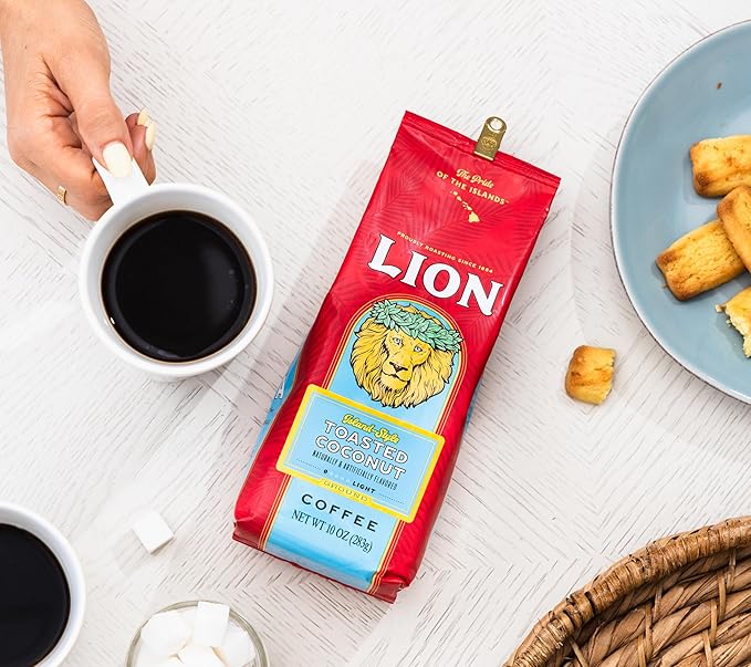 Lion Coffee 3-Pack Toasted Coconut Flavored Light Roast Ground Coffee A Taste of Aloha - 10 Ounce Bags (Pack of Three)