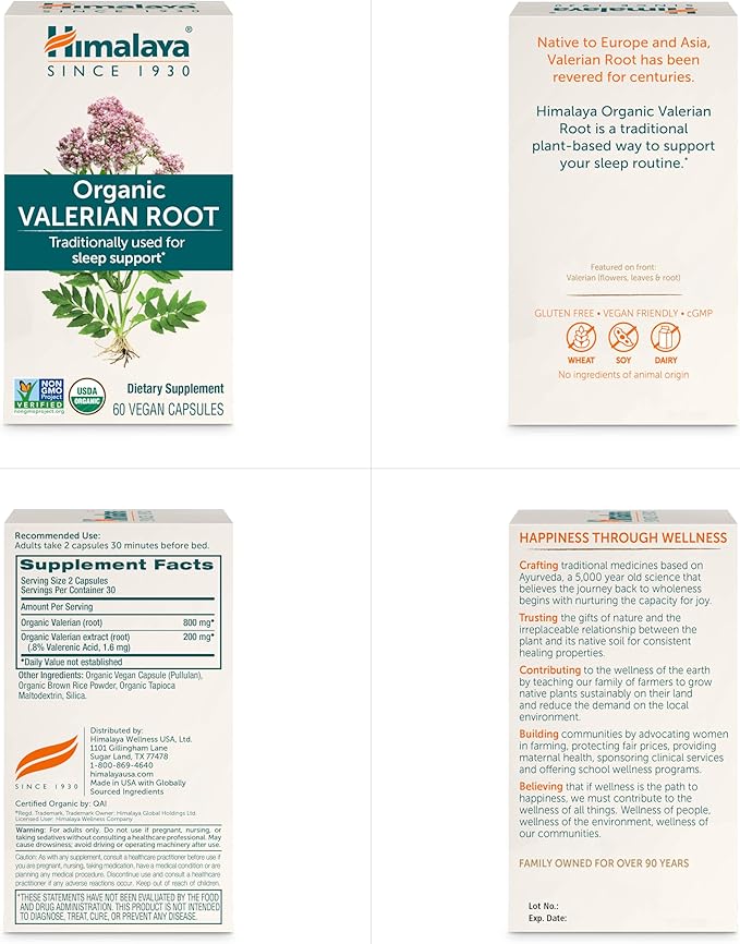 Himalaya Organic Valerian Root Herbal Sleep Support for Calm Relaxation USDA Organic Non-GMO Vegan Gluten Free 1000 mg 60 Capsules