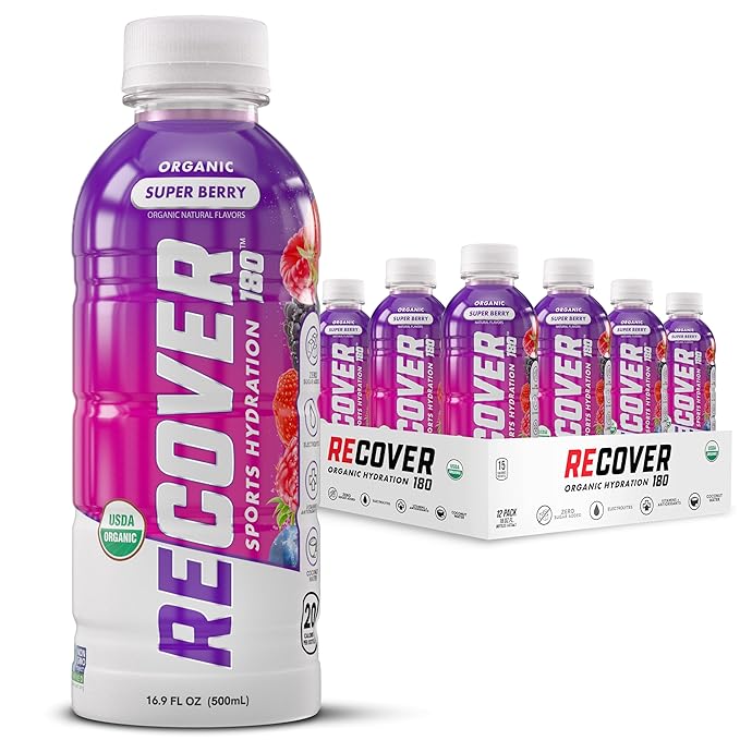 RECOVER 180 Organic Sports Hydration Drink No Sugar Added 20 Calorie Sports Beverage Organic Flavors With Vitamins Potassium-Packed Electrolytes (16.9 Fl Oz (Pack of 12) Super Berry)