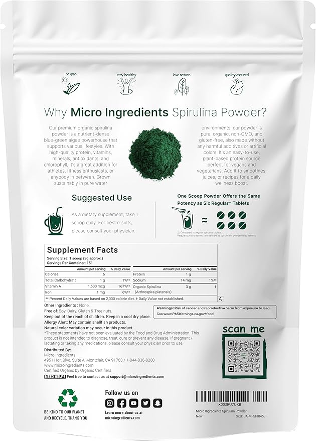 Micro Ingredients Organic Spirulina Powder 1lb | Blue-Green Algae Rich in Vegan Protein Vitamins &amp Minerals | Source of Natural Chlorophyll &amp Enzymes | Non-GMO Gluten-Free No Additives