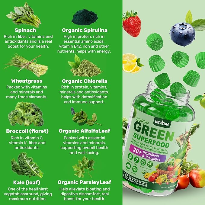 Super Greens Multivitamin Gummies Daily Greens Superfood Gummies w/Spirulina Chlorella Multivitamins Prebiotic Fiber Adaptogens Support Digestive &amp Gut Health Immunity Focus &amp Energy