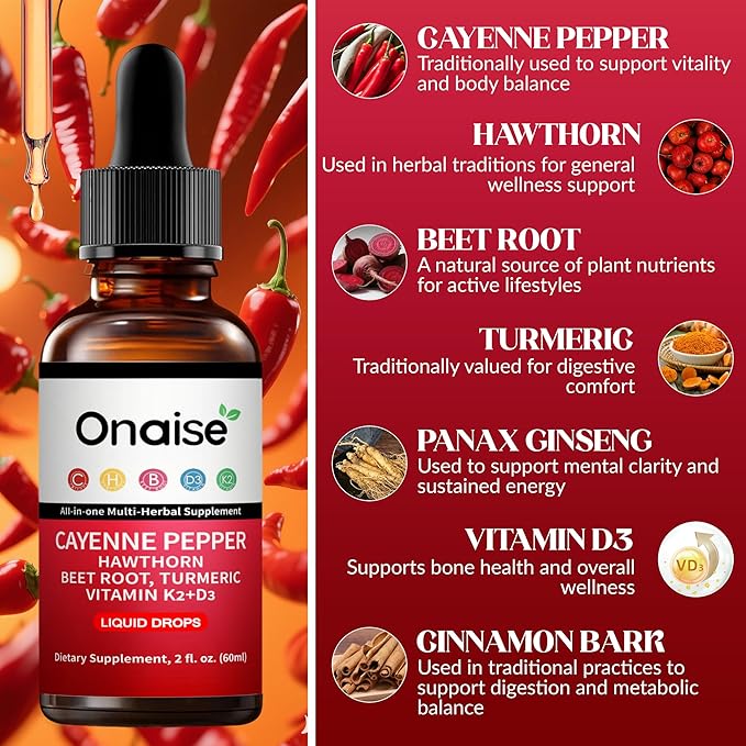 Cayenne Pepper Liquid Drops Liquid Supplement with Organic Hawthorn Beet Root Powder Turmeric Vitamins K2 &amp D3 Berberine Extract (1)